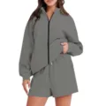 Casual grey zip-up hoodie and shorts set for women, perfect for daily wear and relaxing. - M / Top And Bottom / Gray
