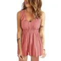 Combinaison décontractée sans manches à col en V avec boutons et vue détaillée unie. - 3XL / Hauts / Rose