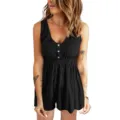 Combinaison short décontractée d'été unie à col en V et boutons sans manches pour femme mode - 3XL / Hauts / Noir