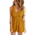 Femme Été Casual Couleurunie Col-V Bouton Sans-Manches Combi-Short Jumpsuit Mode - 3XL / Hauts / Jaune