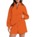 Set coordinato di felpa arancione con mezza zip e pantaloncini casual e comodi. - Taglia S / Top e Pantaloni / Arancione
