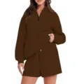 Completo tuta donna casual tinta unita felpa mezza zip e pantaloncini coordinati chic. - Taglia S / Top e Pantaloni / Caffè