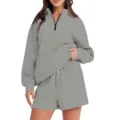 Set felpa con mezza zip e pantaloncini da donna top grigio a maniche lunghe tuta casual - Grigio chiaro
