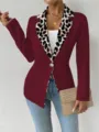 Veste blazer femme élégante revers léopard, couleur unie, manches longues, détail. - Bordeaux