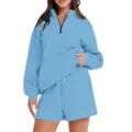Completo Felpa con Zip e Pantaloncini da Donna Tuta Sportiva Casual Tinta Unita Azzurro - Azzurro