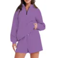 Set felpa viola con mezza zip e pantaloncini abbinati tuta casual in pile comoda ed elegante. - Viola