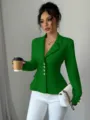 Chaqueta blazer verde elegante y entallada de manga larga con solapa para mujer - Verde