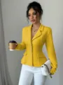Mujer chaqueta blazer ajustada con solapa de manga larga elegante abrigo traje amarillo - Amarillo