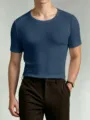 Men's solid color short sleeve casual slim fit crewneck t-shirt fabric detail view - S / Top (Low Neck Short Sleeve) / Blue