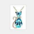 Blauwe Kristal Kat Halsketting Schattige Strass Strik Hanger Goud Keten Sieraad Vrouw - Goud + Meerblauw