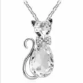 Korte opname van de kristallen kattenhalsketting, fijne kristaldetails en zilveren ketting. - Zilver + Wit