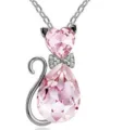 Leuke roze kristallen kat ketting met strik strass sieraden cadeautje voor vrouwen - Zilver + Roze