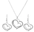 Zilveren strass dubbel hart sieraden set ketting en oorbellen modieus accessoire - Set / Zilver