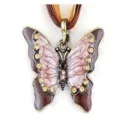 Detailweergave van vintage strass geëmailleerde vlinder hanger ketting met bruin koord. - Antiek Brons en Geel