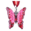 Vintage rode strass vlinder hanger halsketting met roze emaille en mooi stijlvol lint - Antiek Zilver + Rood