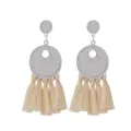 Retro grijze metalen gestructureerde cirkel oorbellen met elegante beige franje kwast hangers. - Wit