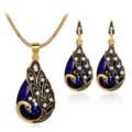 Vintage peacock necklace earrings set blue teardrop crystal jewelry for women fashion accessory - Blue