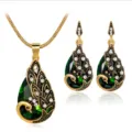 Vintage Peacock Green Crystal Necklace Earrings Set Elegant Fashion Jewelry for Women - Green