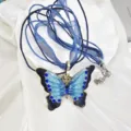 Vintage Blauwe Strass Geemailleerde Vlinder Hanger Ketting Multi-Koord Mode Sieraden - Antiek Zilver + Blauw