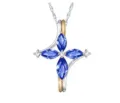 Tweekleurige kruis hanger ketting met blauwe markies kristallen en fonkelende zirkonia. - Ketting / Blauw