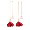 Long drop earrings with red fabric flower petals and white pearls, elegant gold chain jewelry. - Red