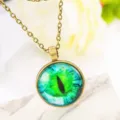 Exquisite green dragon eye glass cabochon pendant necklace with vintage bronze chain. - Antique Bronze & Green