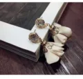Elegant rhinestone stud earrings with fabric flower tassel pendants for women daily wear. - Khaki