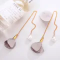Elegant long tassel pearl earrings with gray fabric flower pendants for women fashion styling. - Coffee