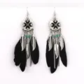 Boho Long Feather Tassel Earrings Vintage Ethnic Alloy Drop Earrings for Women - Black