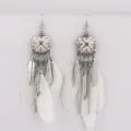 Boho silver plated long feather tassel earrings with ethnic metal medallion and beads. - White