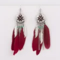 Boho red feather tassel earrings with metal leaf charms and turquoise beads for women detail. - Red