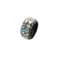Detailed shot of a round expandable hair clip adorned with sparkling iridescent rhinestones. - AB & White Rhinestones