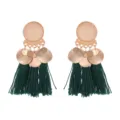 Detailed view of bohemian style alloy earrings with frosted metallic discs and green tassels. - Dark Green