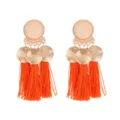 Detailed close-up of bohemian style orange tassel earrings with metallic frosted discs and top. - Orange