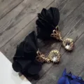 Black fabric rose flower earrings with shiny rhinestones, elegant fashion jewelry for women. - Black