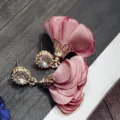 Korean style pink fabric flower rhinestone drop earrings, elegant floral design for women. - Pink
