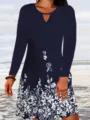 Vestido de mujer manga larga azul marino con cuello en V y estampado floral blanco. Estilo elegante. - S / Azul Marino