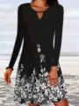 Vestido negro de manga larga con cuello en V y estampado floral para la playa casual. - S / Negro