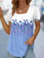 Vista detallada mujer cuello cuadrado manga corta estampado floral azul camiseta casual - S / Azul
