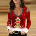 Weihnachtlicher Damen Langarm V-Ausschnitt Pullover in Rot mit niedlichem Rentier Motiv. - Schulterfrei Rot