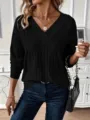 Femme Décontracté Manches Longues Col V Couleurunie Pull Tricoté Haut Vue Principale - Noir