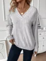 Femme Manches Longues Col V Pull en Tricot Casual Gris Rayé Automne Haut T-Shirt - S / Gris clair