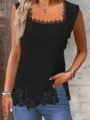 Vrouwen casual mouwloze kanten tanktop met vierkante hals zwart mode zomer detail - S / Zwart