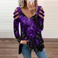 Women's long sleeve cold shoulder V-neck zipper purple rose graphic print casual T-shirt - S / Hollow-Out Long Sleeve Purple