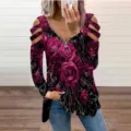 Women cold shoulder long sleeve t-shirt featuring v neck zip and rose print casual top - S / Hollow-Out Long Sleeve Rose Red