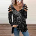 Women's cold shoulder long sleeve t-shirt with v-neck zipper and liquid rose floral print. - S / Hollow-Out Long Sleeve Grey