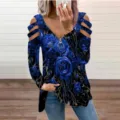 Women's blue rose print cold shoulder long sleeve zip V-neck casual fashion T-shirt top stylish - XL / Hollow-Out Long Sleeve Blue