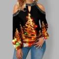 Top da donna a maniche lunghe con spalle scoperte e stampa di albero di Natale - 3XL / Albero di Natale Nero