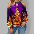 Donne albero di natale stampa spalla fredda manica lunga camicetta viola top chic - 3XL / Albero di Natale Viola