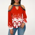 Red Christmas cold-shoulder long-sleeve women T-shirt with festive Santa Claus print. - 3XL / Santa Claus Print